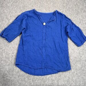 100%‎ Linen Blue Lagenlook Blouse Tunic Top 1/2 Sleeve Boho Shirt Size M